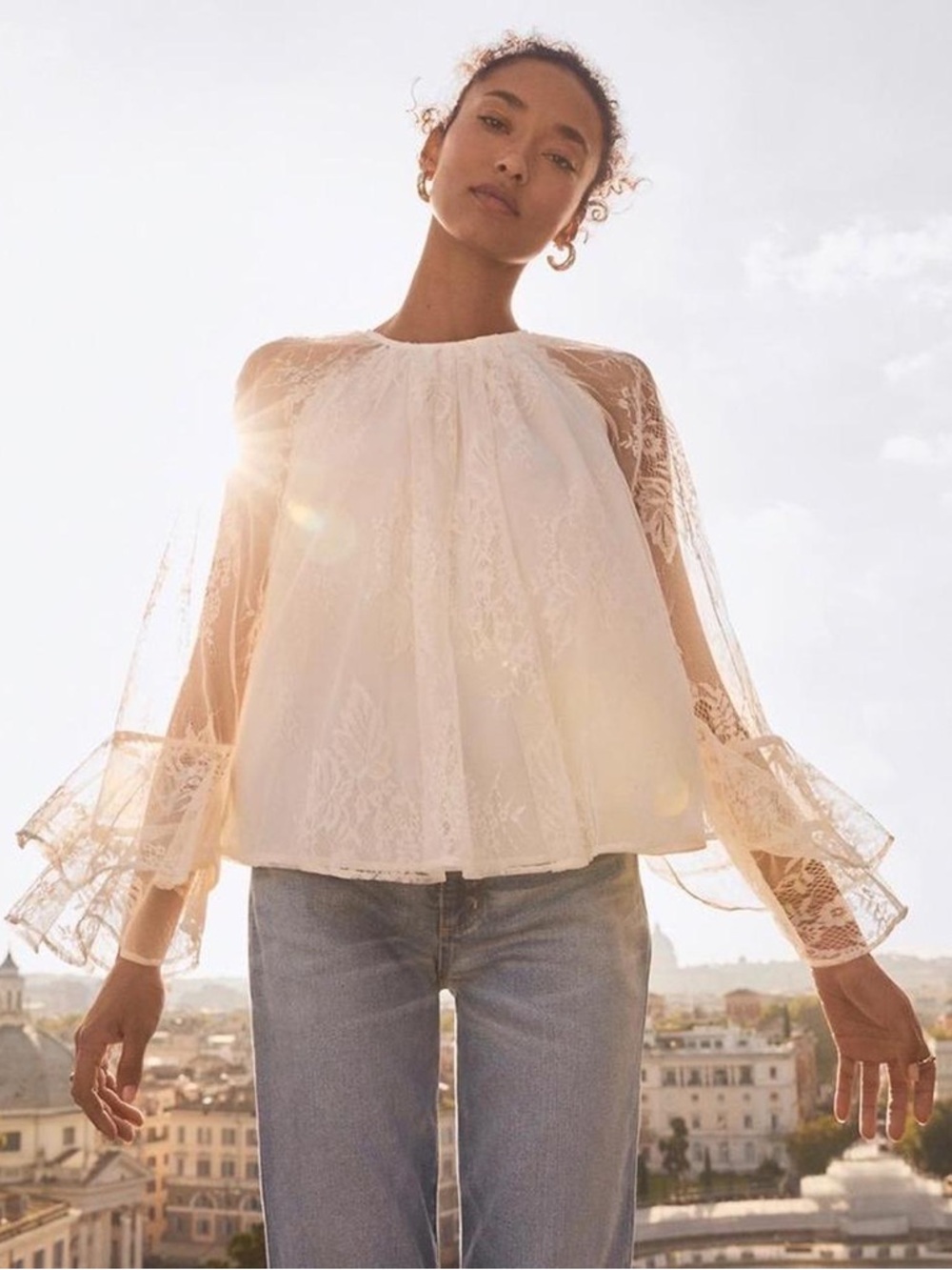 LOFT Romantic Lace Bell-Sleeve Top in Cream